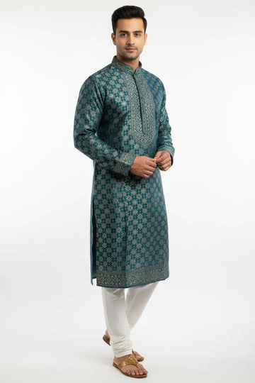 Premium Quality - Green Shade Benaras Mens Kurta Pajama Set