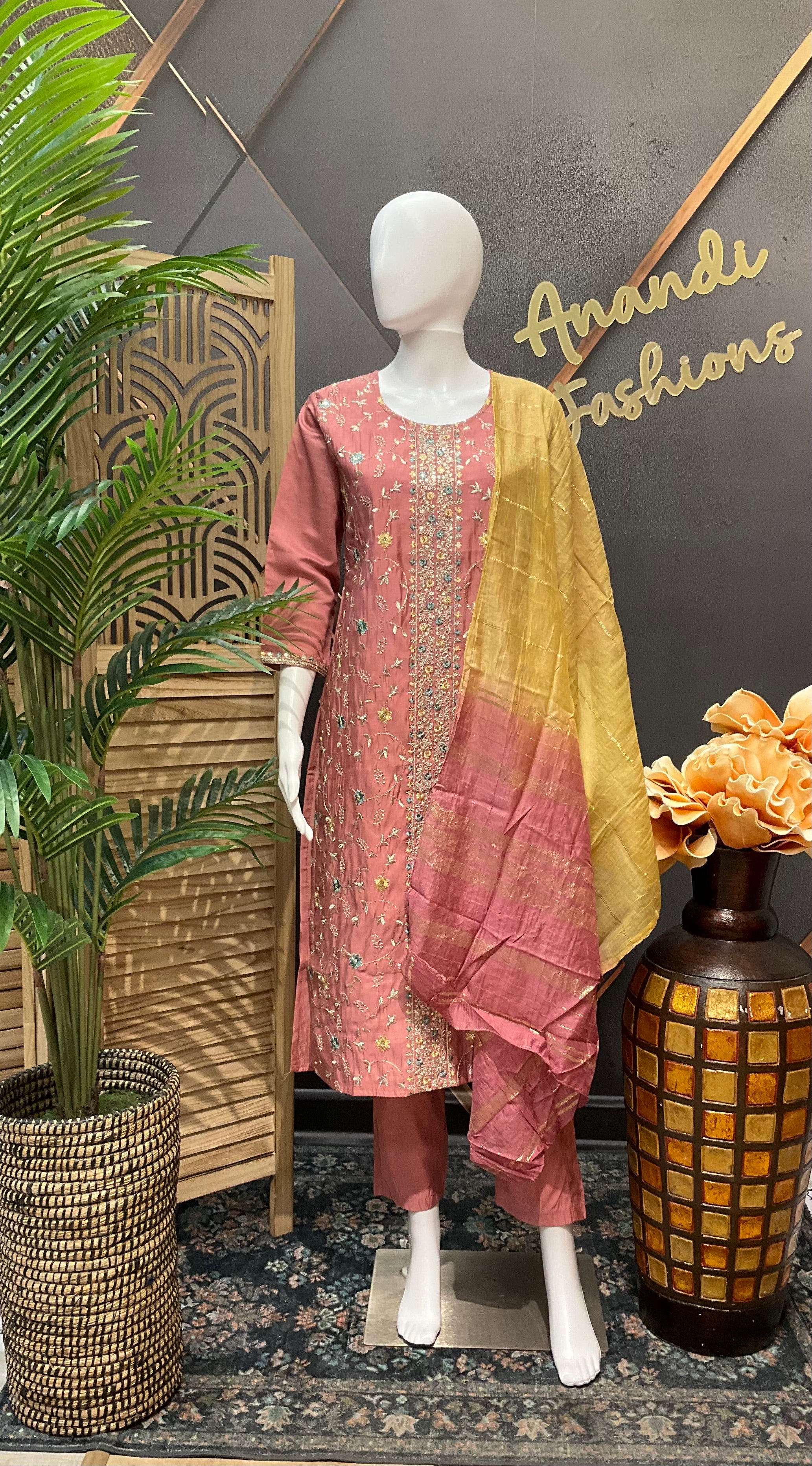 Onion pink Embroidery Work kurti set