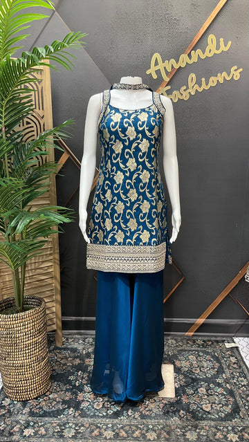 Semi Benarasi Satin Silk Sharara Set - Party Wear
