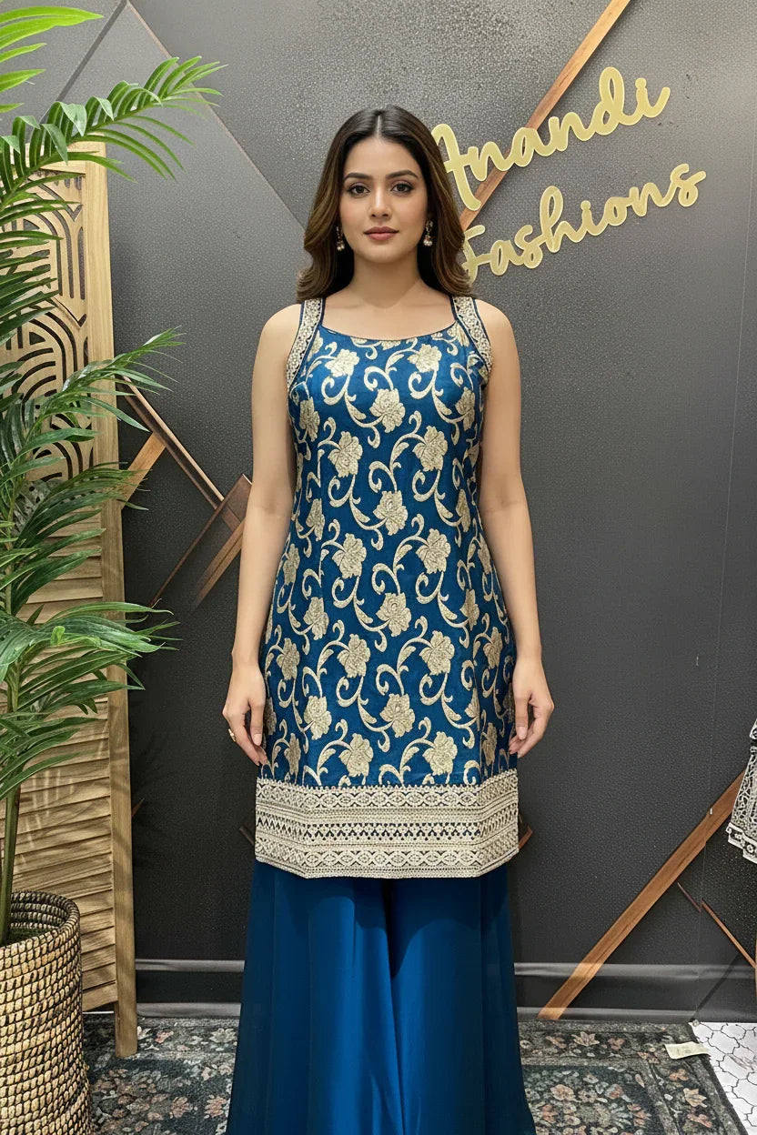 Semi Benarasi Satin Silk Sharara Set - Party Wear