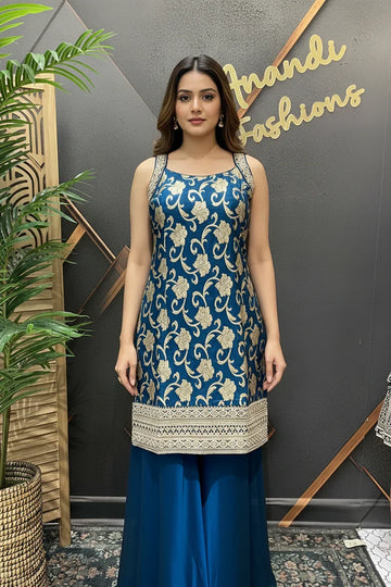 Semi Benarasi Satin Silk Sharara Set - Party Wear