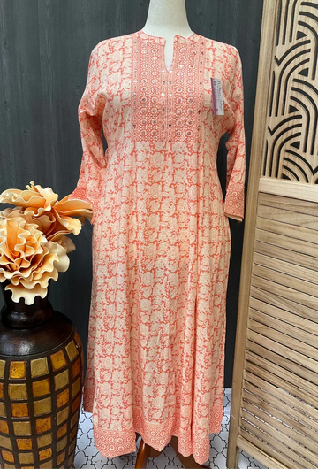 Plus Size Anarkali Orange Kurti Size 44/48 - Pure Cotton Long Kurti