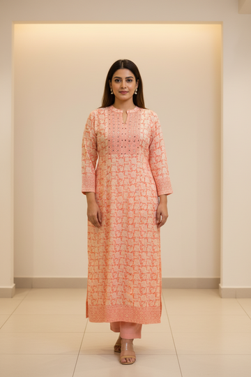 Plus Size Anarkali Orange Kurti Size 44- Pure Cotton Long Kurti