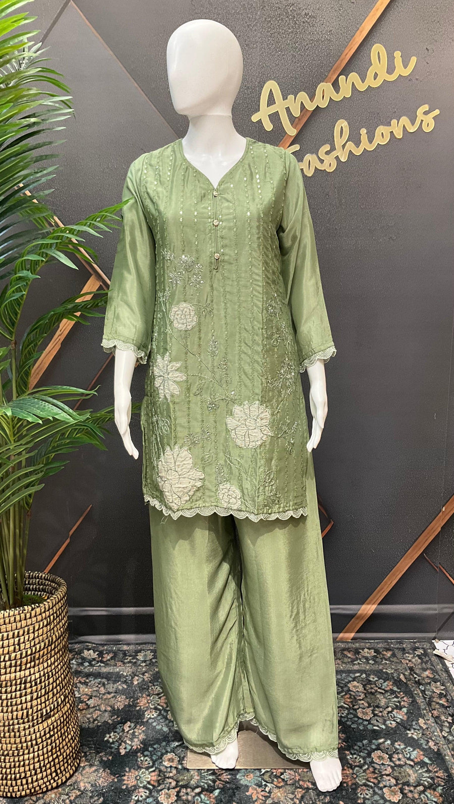 Pastel Green Party Wear Sharara Suit - Satin Silk with Patch Work