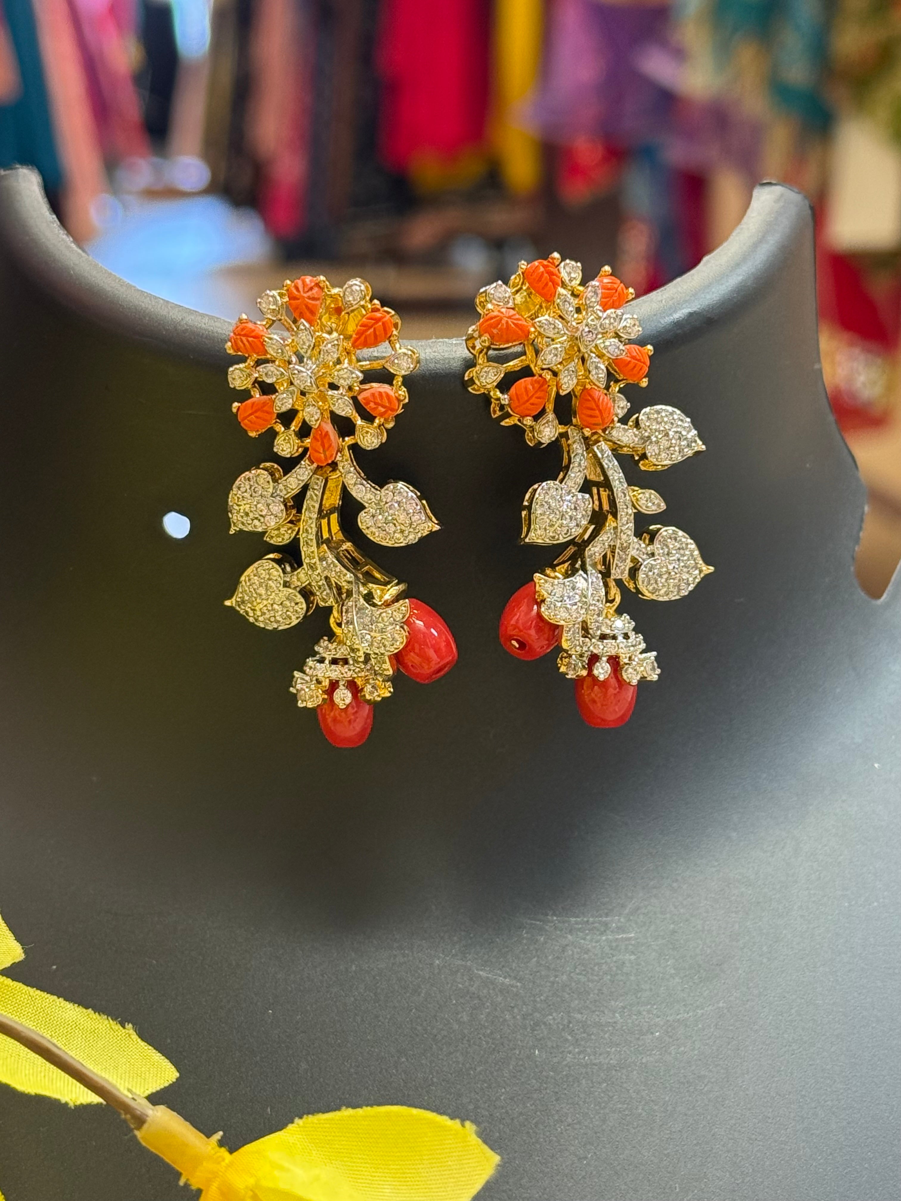 Coral - Party Wear CZ Earrings/Jhumkas