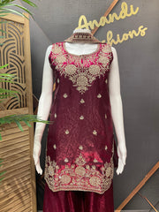 Wine Party Wear Sharara Set Size 40 - Glass Tissue with Embroidery