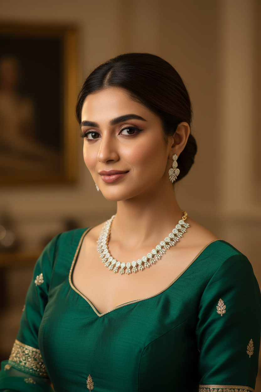 Indian woman in elegant green ethnic dress wearing diamond necklace and earrings, soft indoor lighting