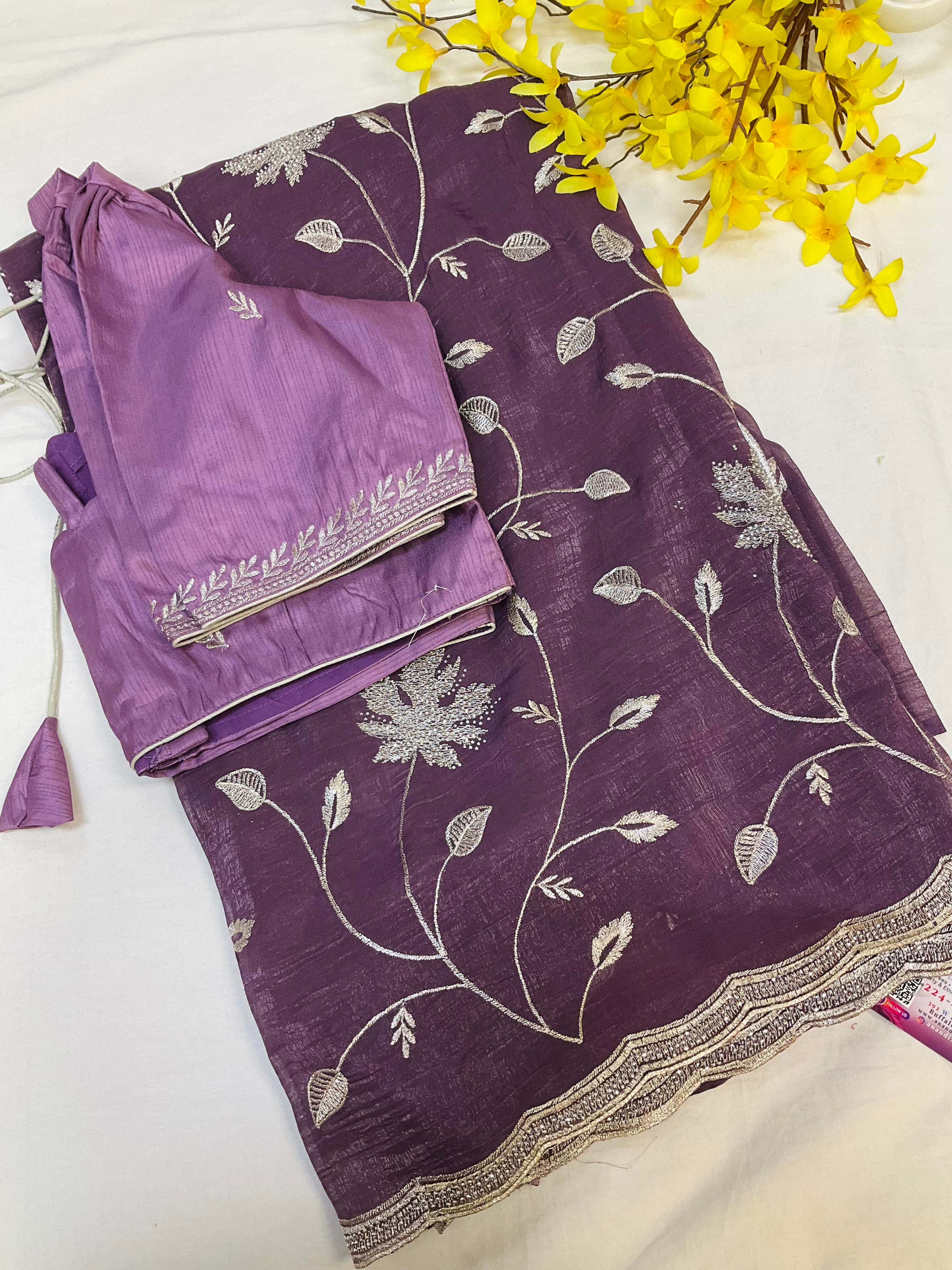 Cocktail Party wear light purple saree with Stitched blouse- fall pico done