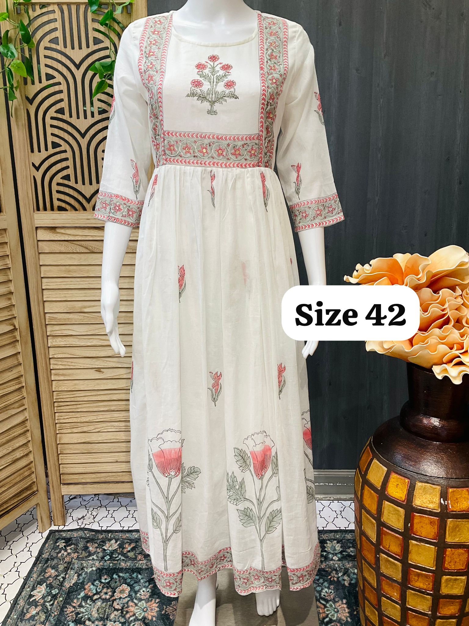 Size 42-White - Pure Mulmul Cotton Anarkali Kurti