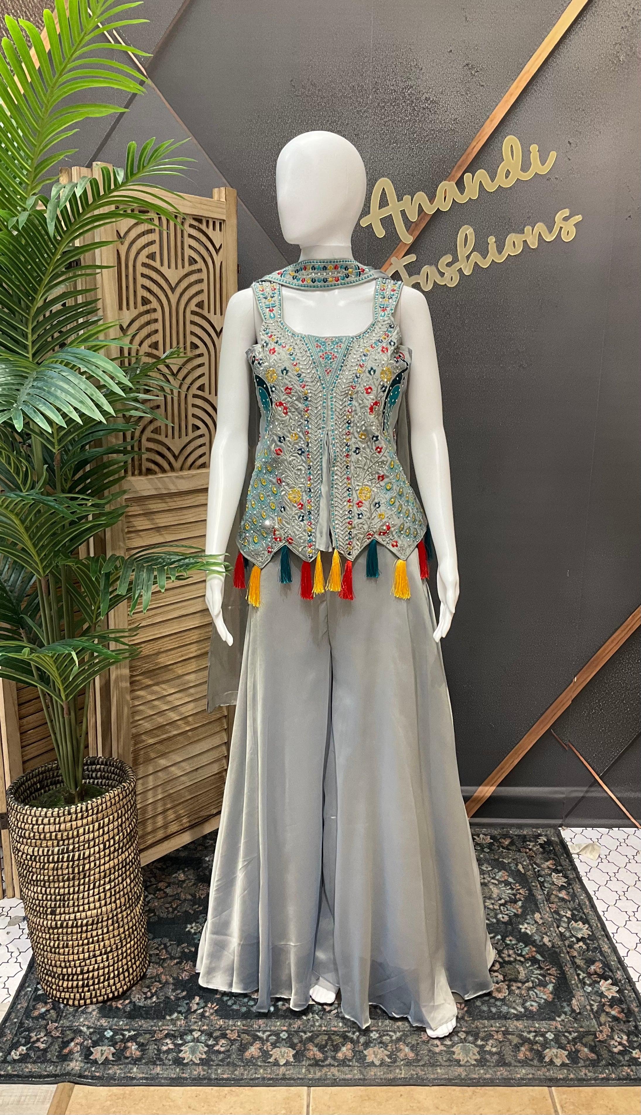 Party Wear Palazzo Set - Peacock Design | Satin Silk