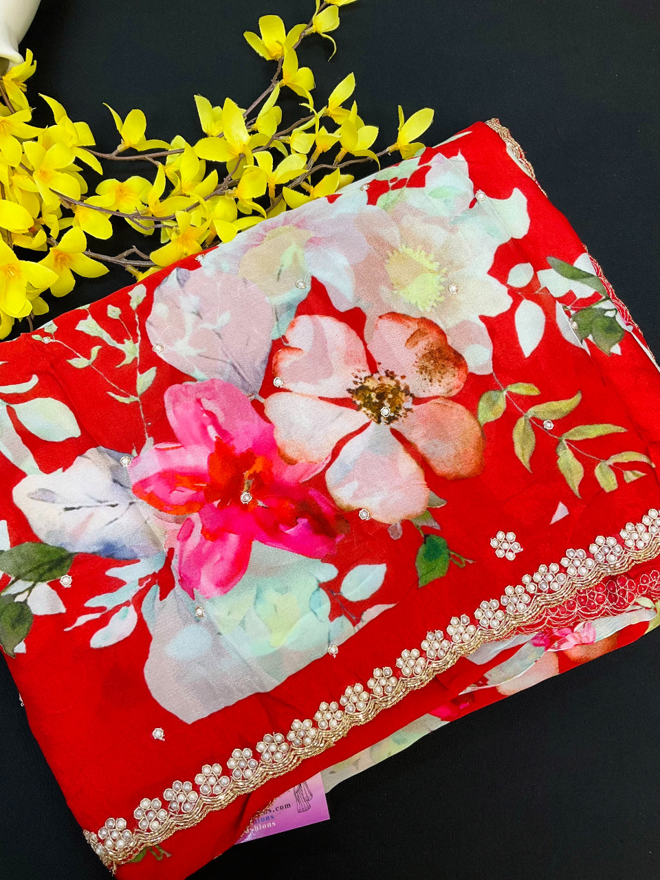 Red Chinnon saree with floral print and cut work border image 0