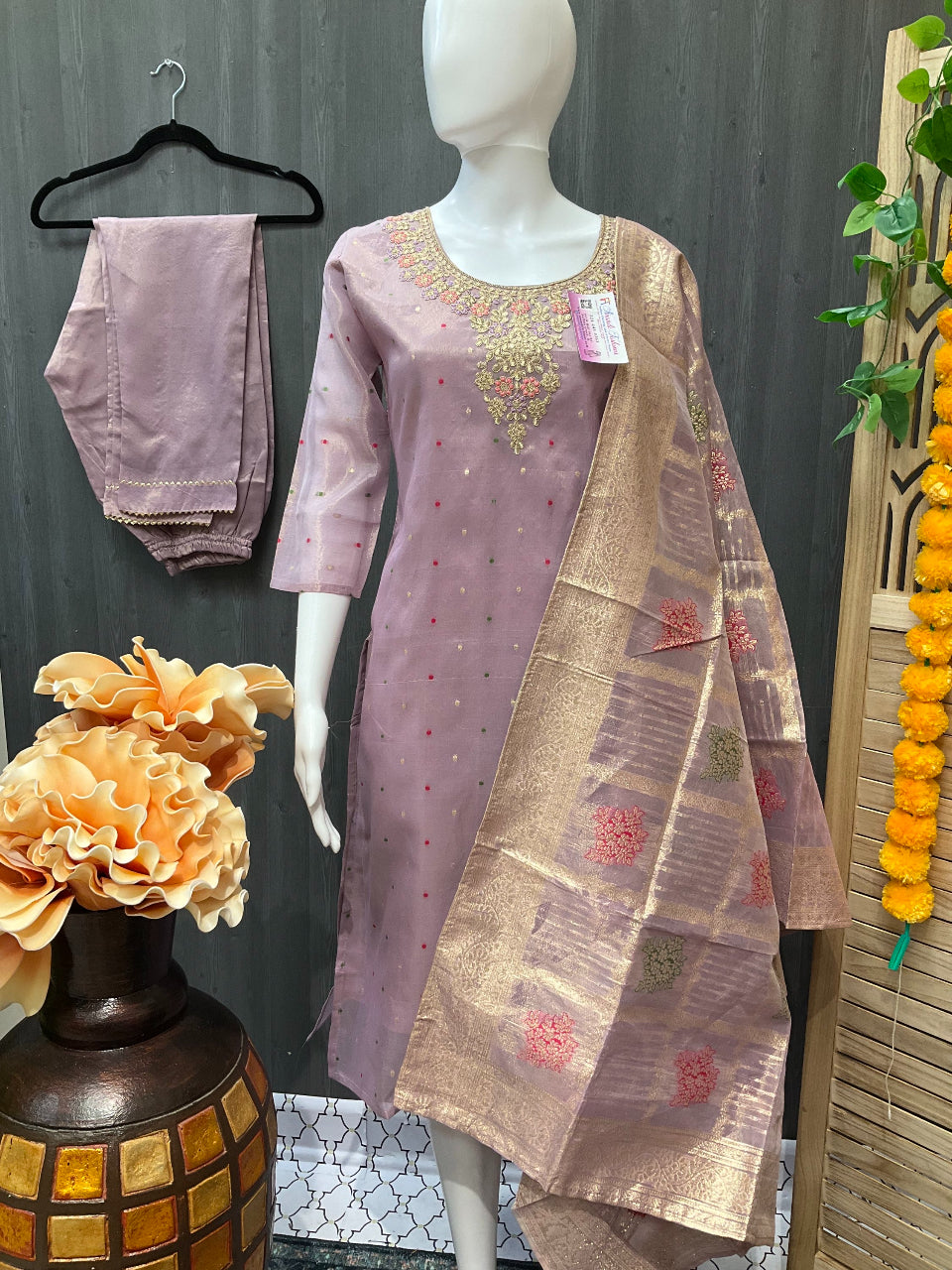 Purple Color Kurti set with Benaras Dupatta image 0