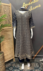 Royal Blue Heavy Work Georgette Anarkali Kurti Set Size 44 - Gold Zari Party Wear