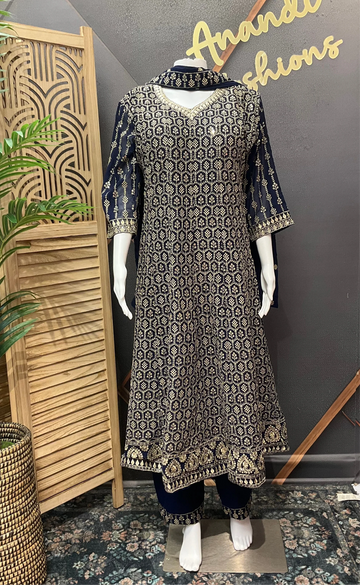 Royal Blue Heavy Work Georgette Anarkali Kurti Set Size 44 - Gold Zari Party Wear