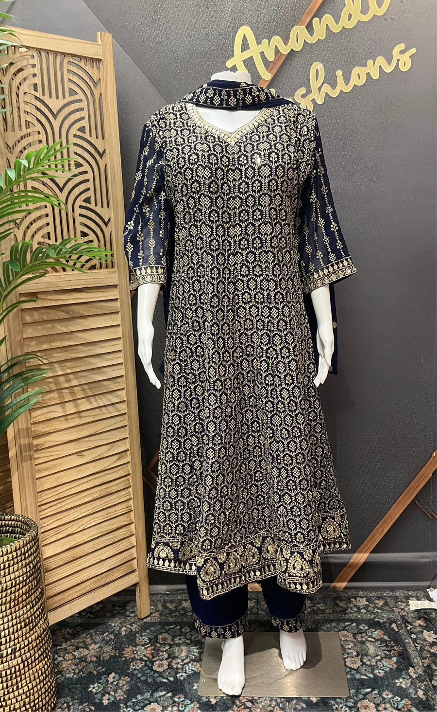 Royal Blue Heavy Work Georgette Anarkali Kurti Set Size 44 - Gold Zari Party Wear