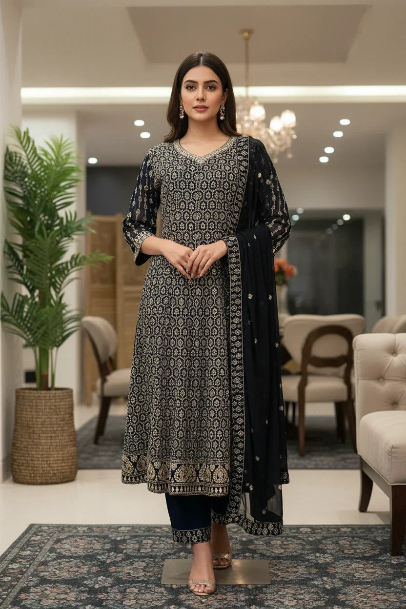 Royal Blue Heavy Work Georgette Anarkali Kurti Set Size 44 - Gold Zari Party Wear