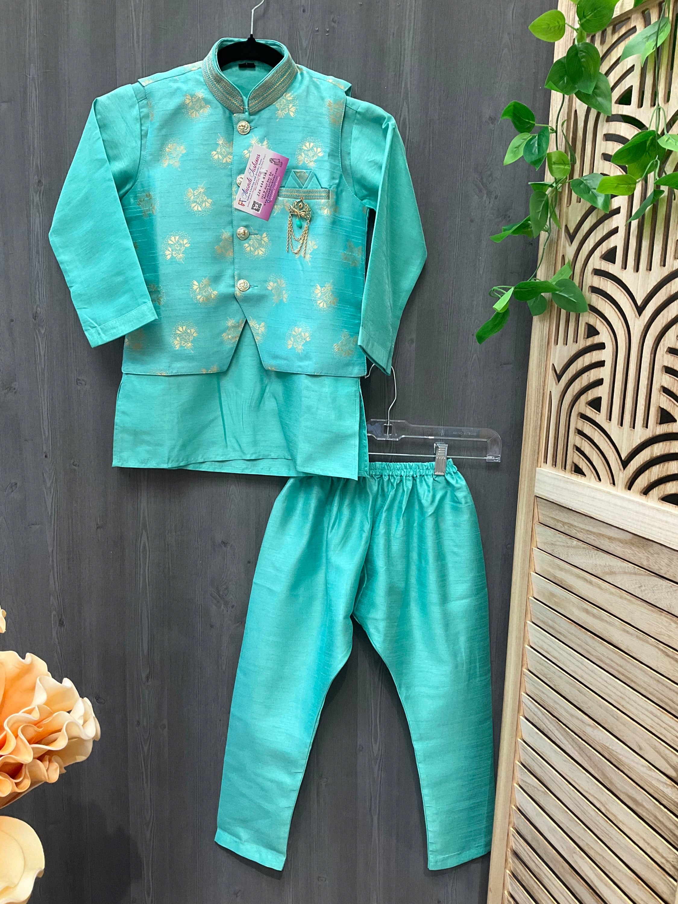 Boys kurta pyjama set with jacket image 1
