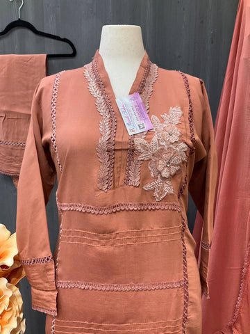 Plus Size Dark Peach 3-Piece Kurti Set - Roman Silk with Bead Work