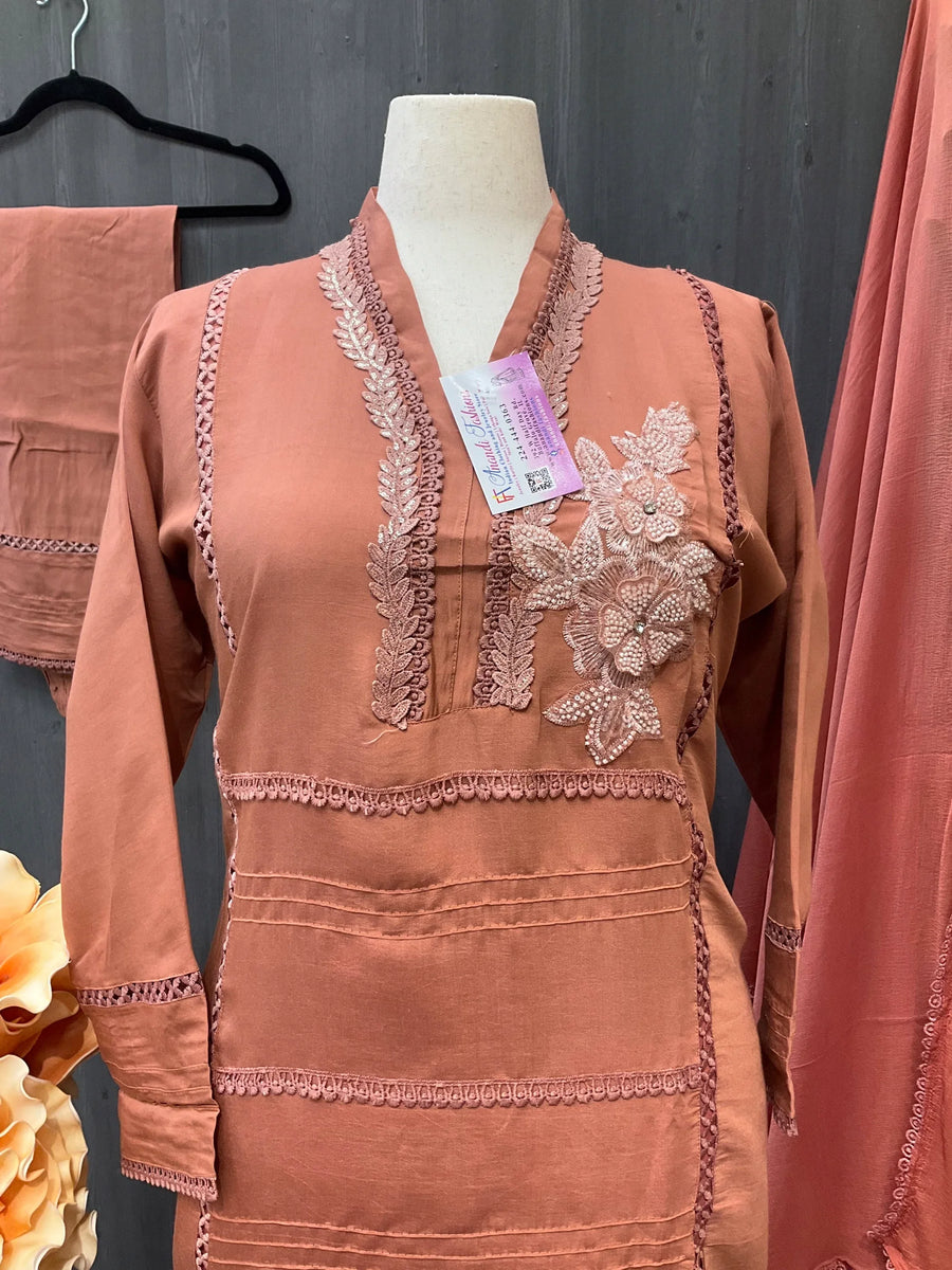 Plus Size Dark Peach 3-Piece Kurti Set - Roman Silk with Bead Work