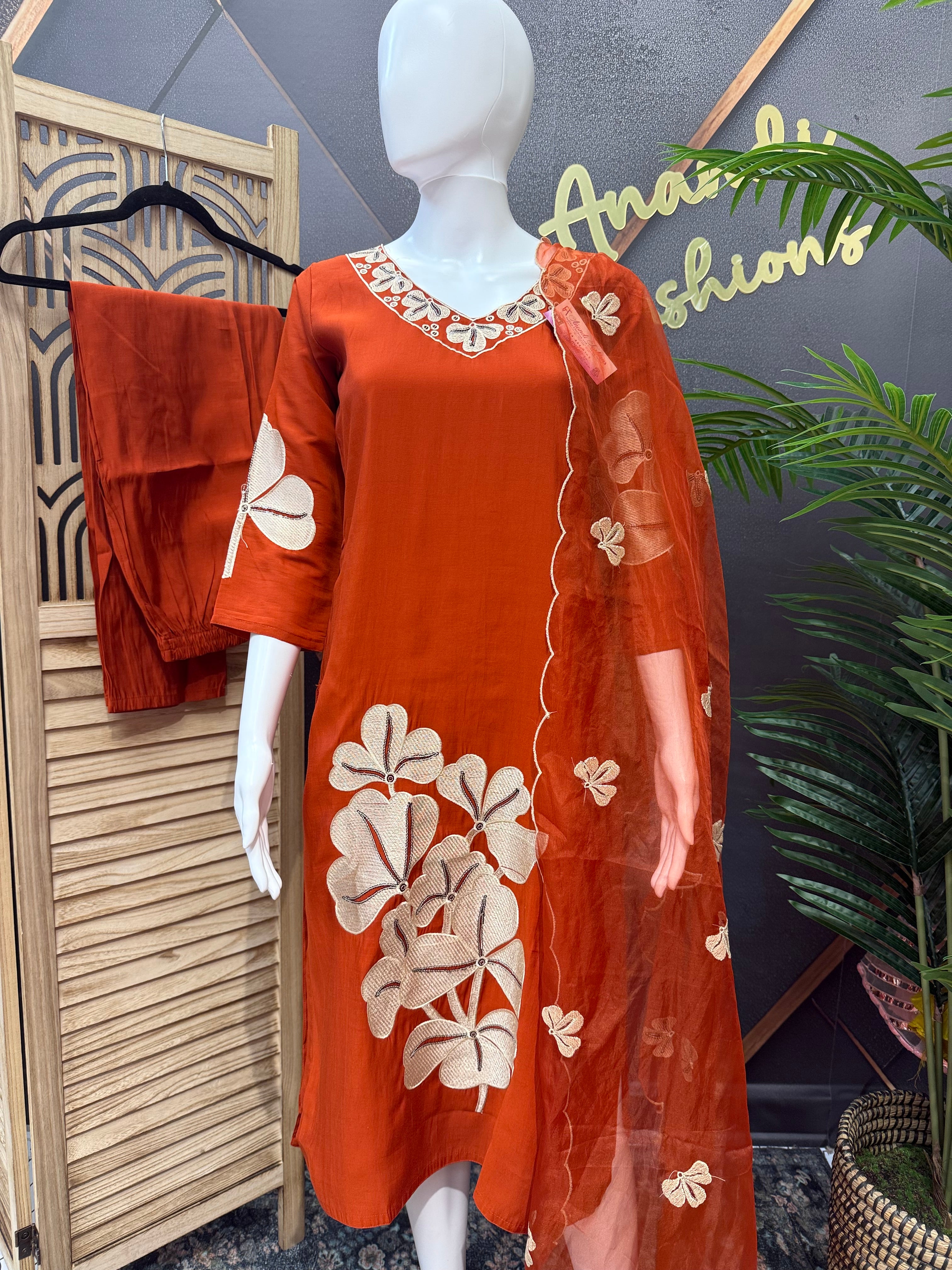 Burnt Orange - Party Wear Kurti set with Embroidery Work