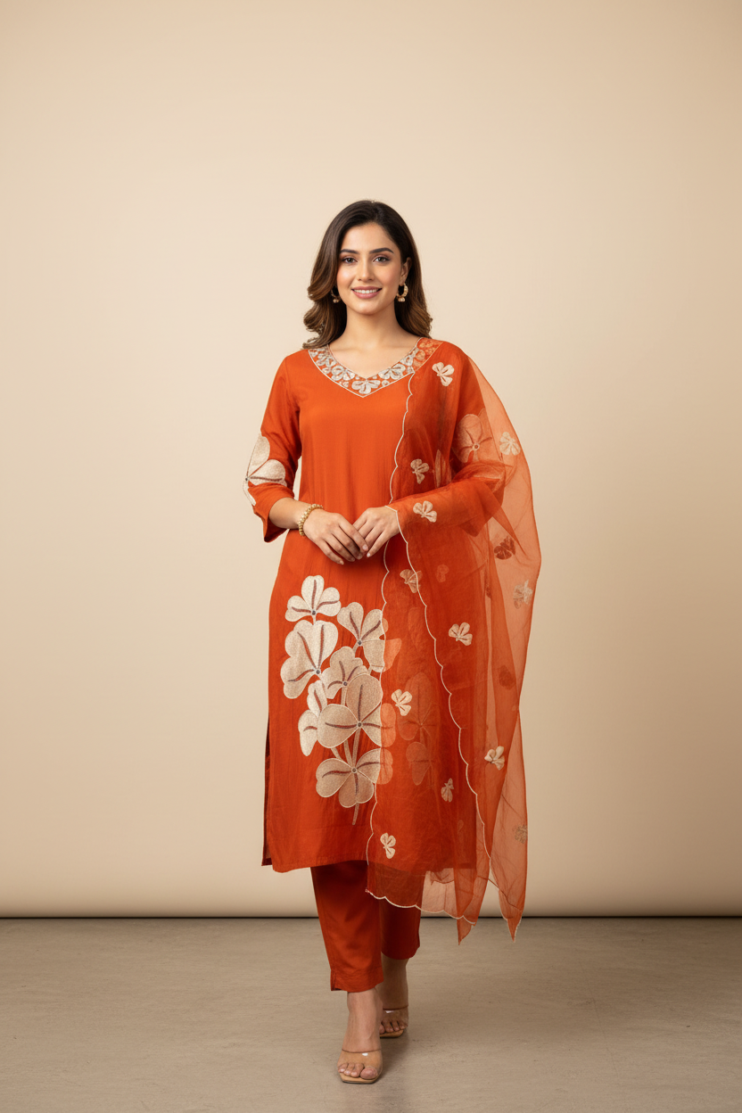 Size 38-Burnt Orange - Party Wear Kurti set with Embroidery Work