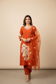 Women’s Burnt Orange with Embroidery Work Kurti Set