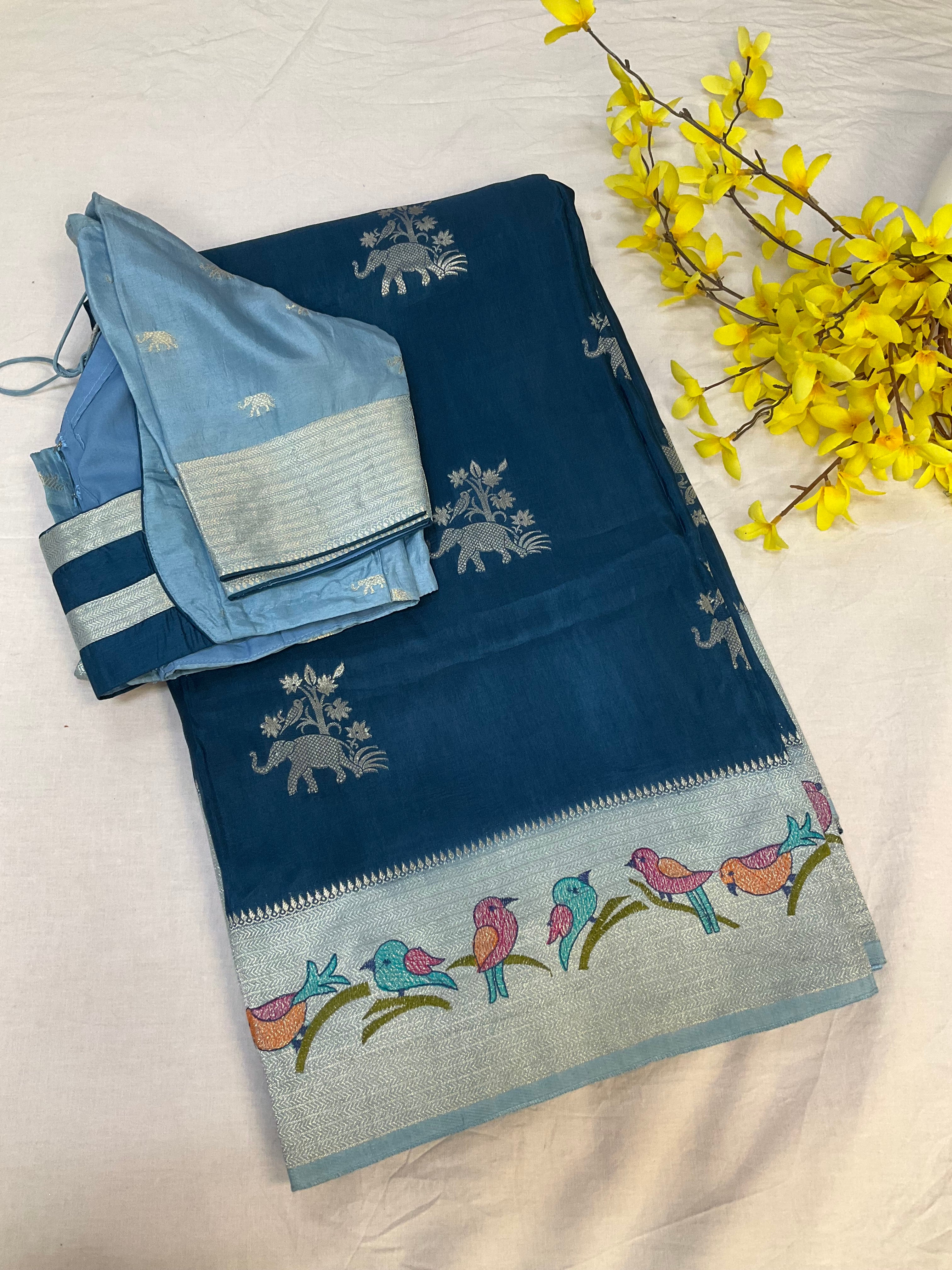 Blue Benarasi Silk saree with stitched blouse
