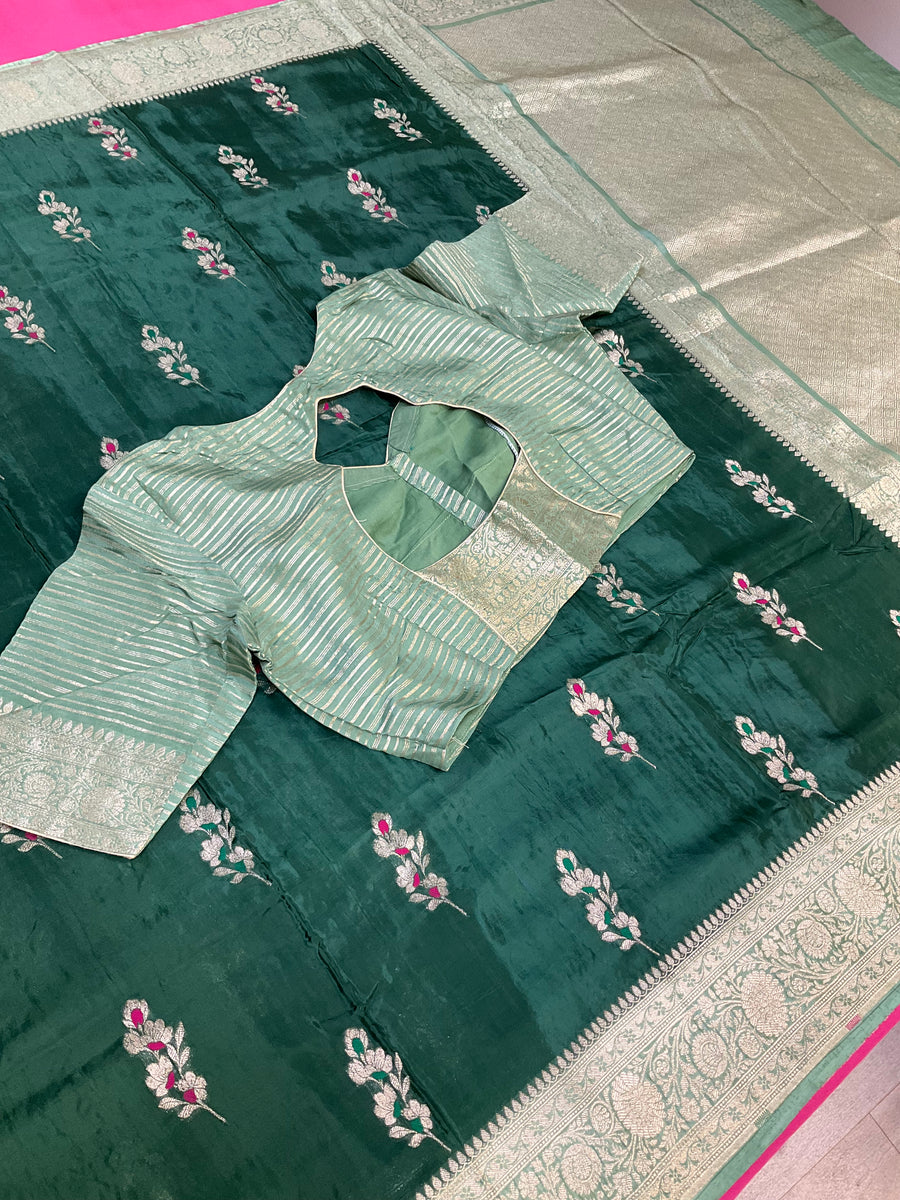 Green Benarasi Silk saree with Stitched Blouse