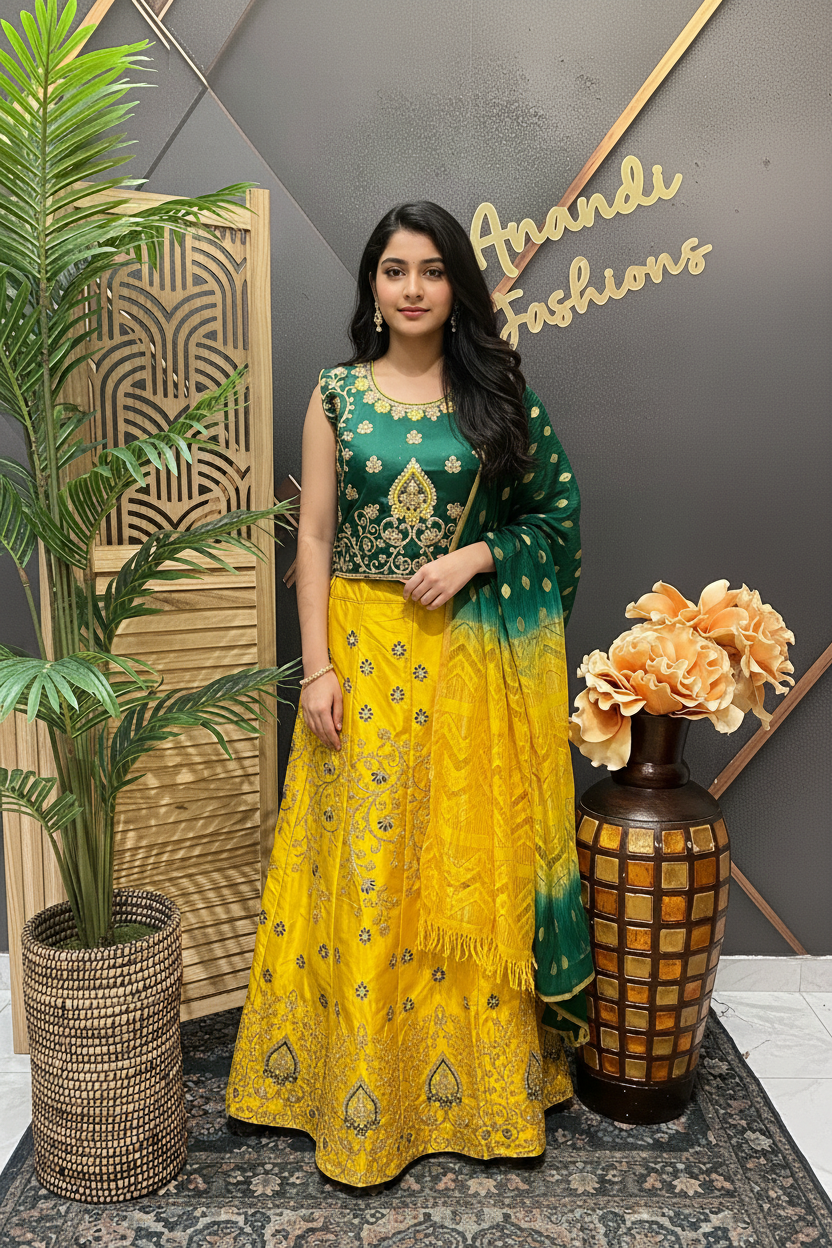 Teenage Girls - Green & Yellow Lehenga set