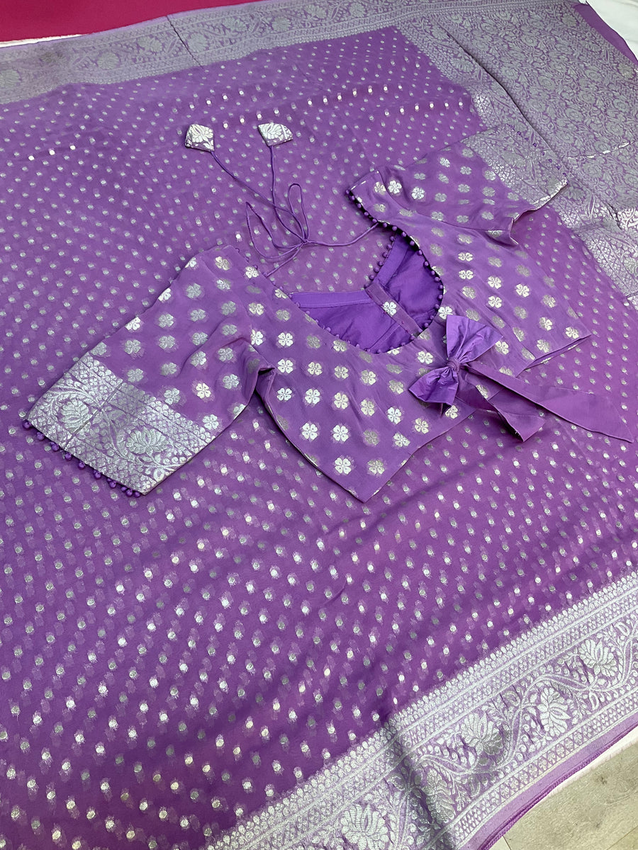 Lavender Georgette Benarasi saree with Stitched Blouse