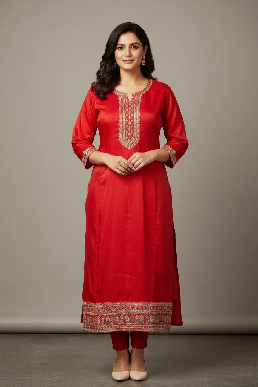 Woman wearing red Indian ethnic kurta with embroidered neckline and hem, beige shoes, standing against plain background
