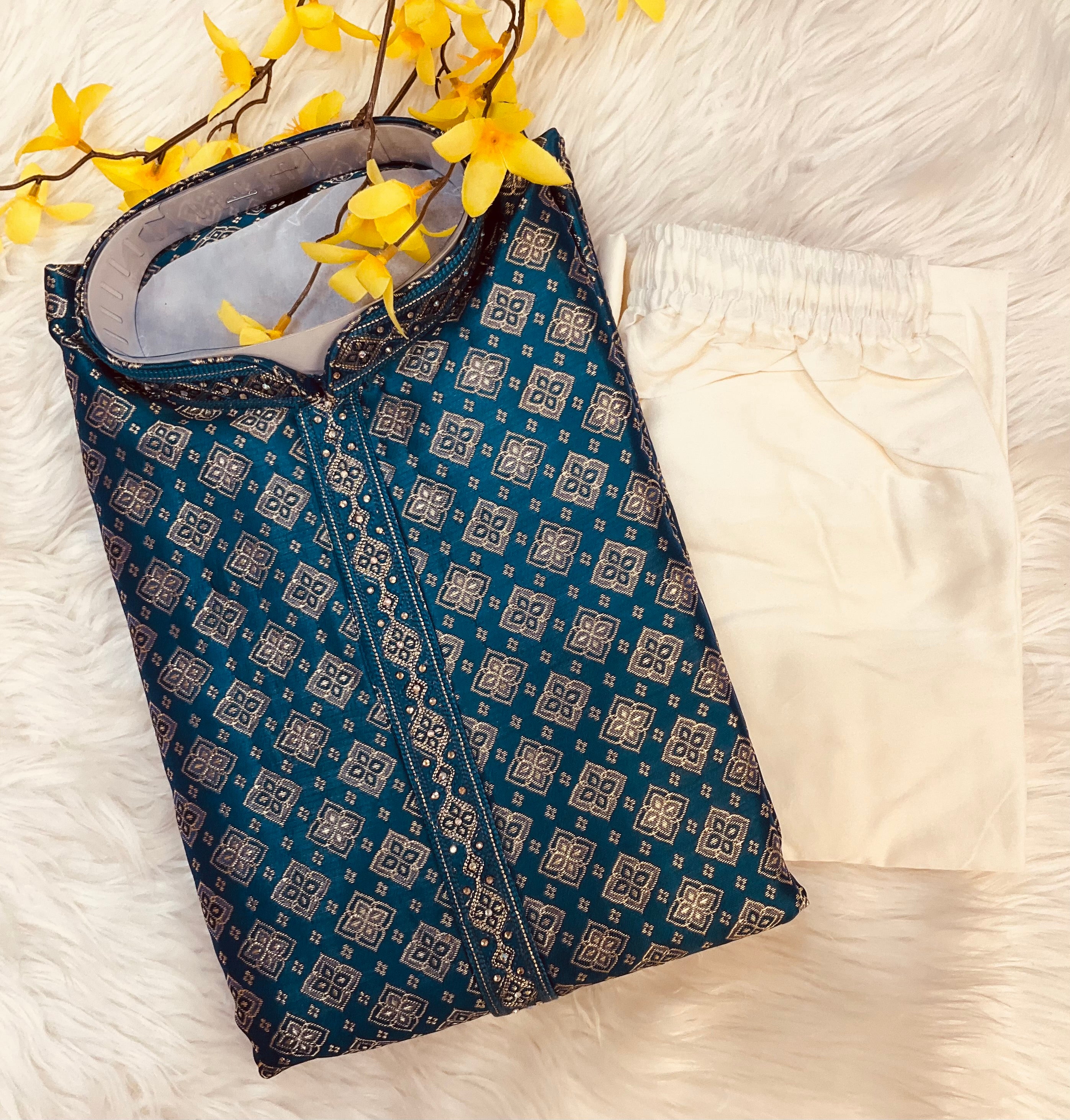 Premium Quality - Peacock Blue Color Benaras Kurta Pajama Sets