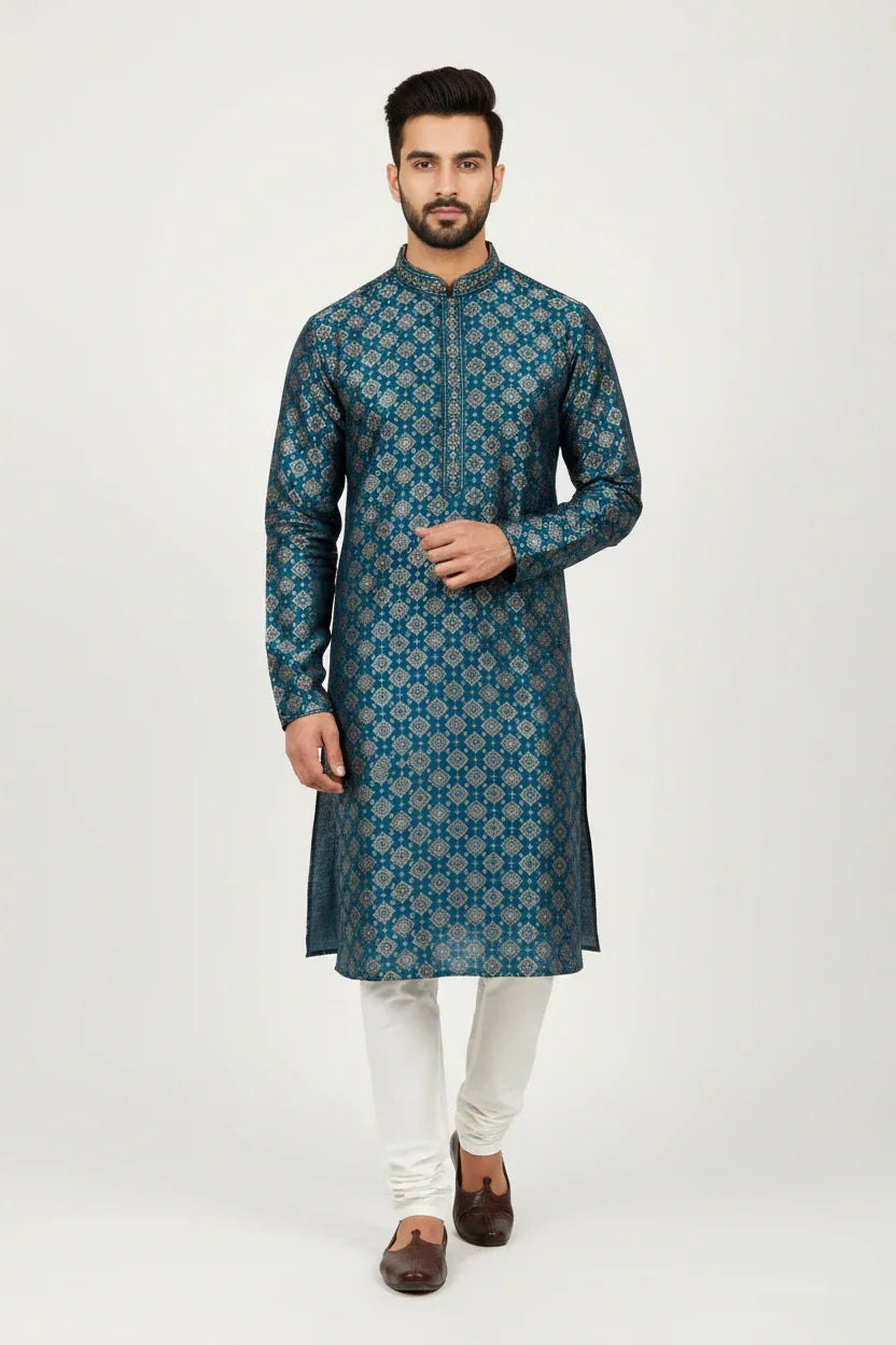 Size 36-Premium Quality - Peacock Blue Color Benaras Mens Kurta Pajama Set