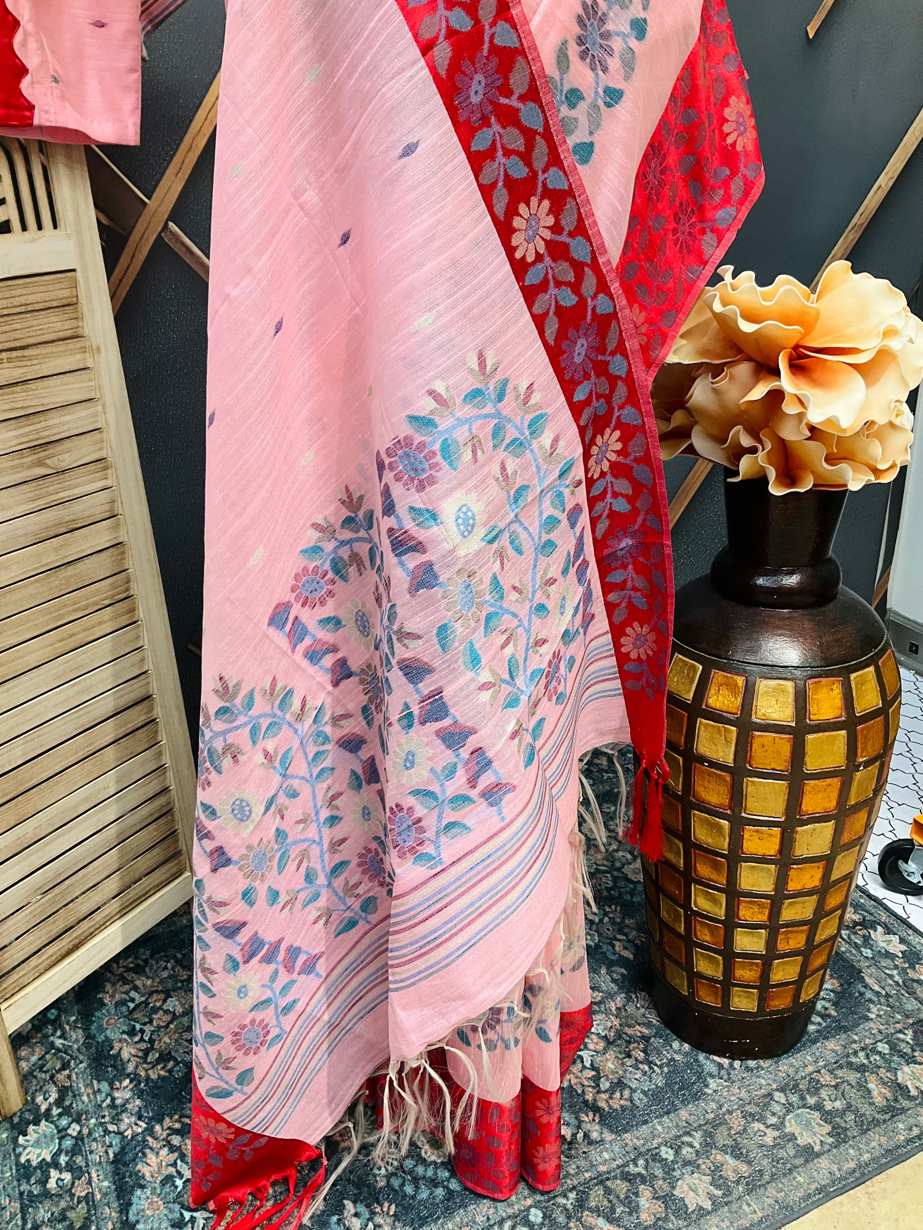 Pink-Lenin Jamdhani Saree with Stitched blouse- fall pico done