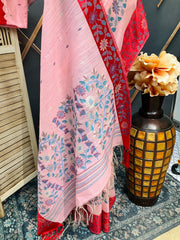Pink-Lenin Jamdhani Saree with Stitched blouse