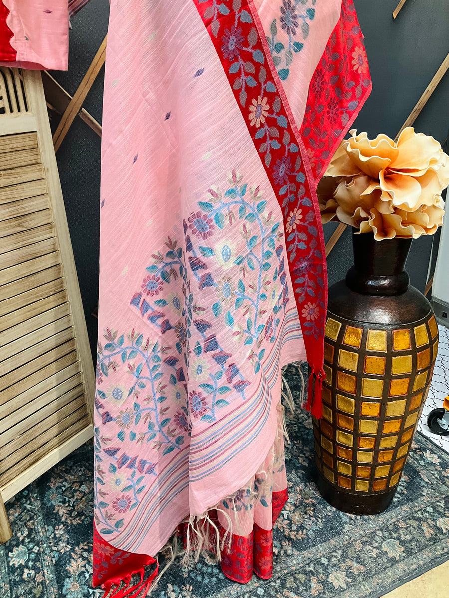 Pink-Lenin Jamdhani Saree with Stitched blouse