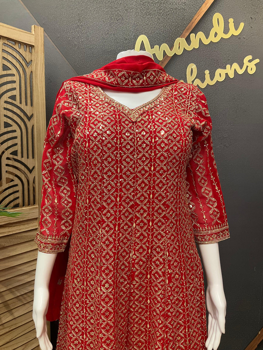 Red Heavy Work Georgette Anarkali Kurti Set Size 38 - Gold Zari Party Wear