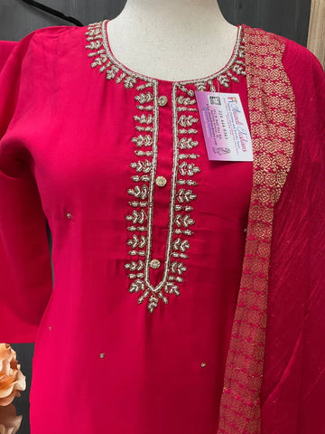 Plus Size Hot Pink Party Wear Kurti Set - Roman Silk 3-Piece