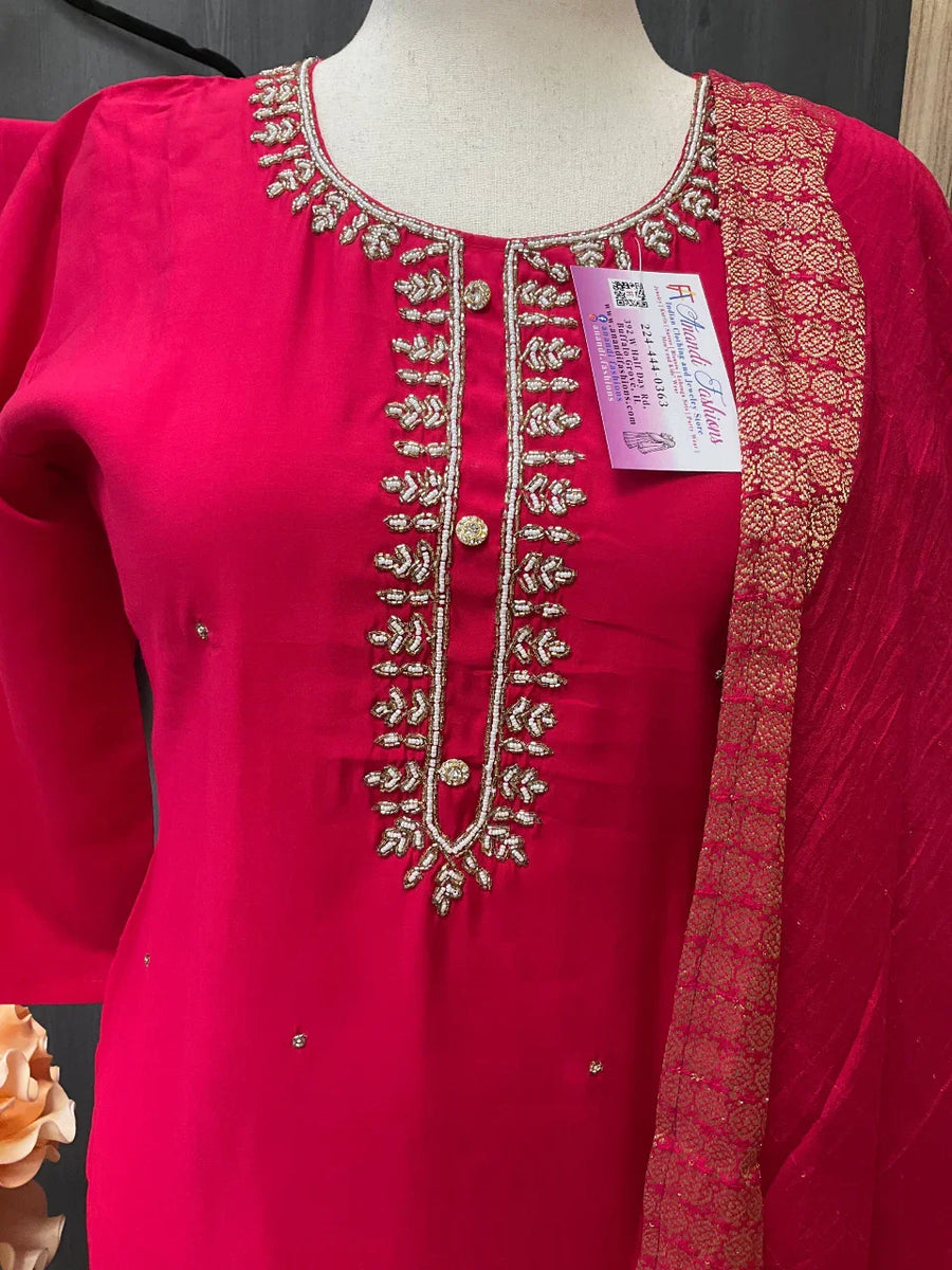 Plus Size Hot Pink Party Wear Kurti Set - Roman Silk 3-Piece