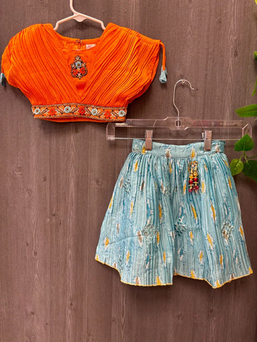 Little Girls Orange & Blue Lehenga Set Size 24 - Kids Ethnic Wear