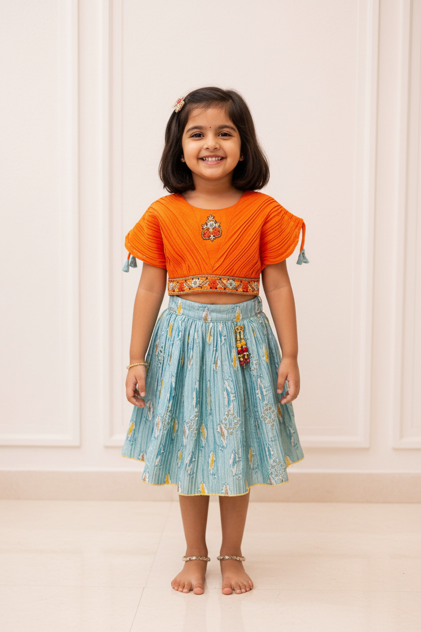 Little Girls Orange & Blue Lehenga Set Size 24 - Kids Ethnic Wear
