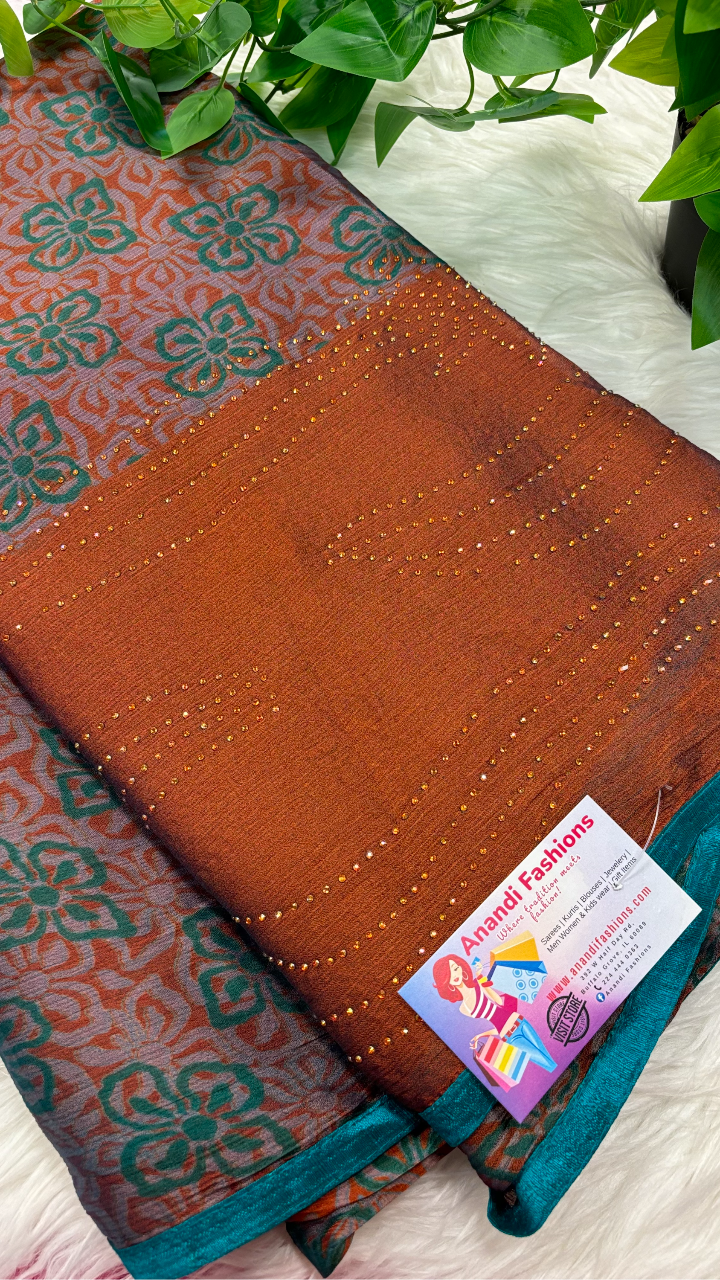 Chiffon Saree - Chiffon Brown Saree with Stone Work image 4