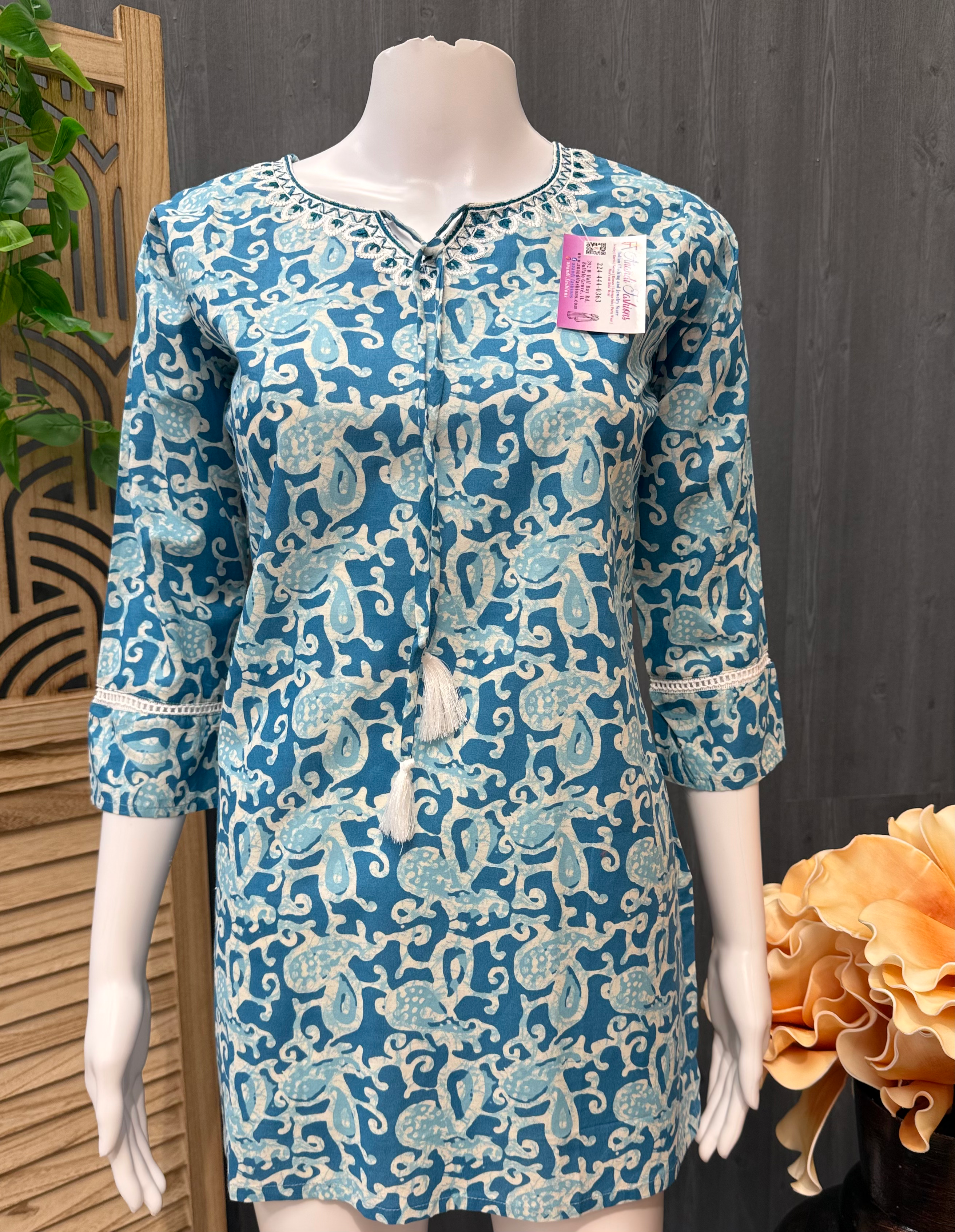 Blue color-Pure Cotton-Short Kurtis with Print-Size 36 image 0