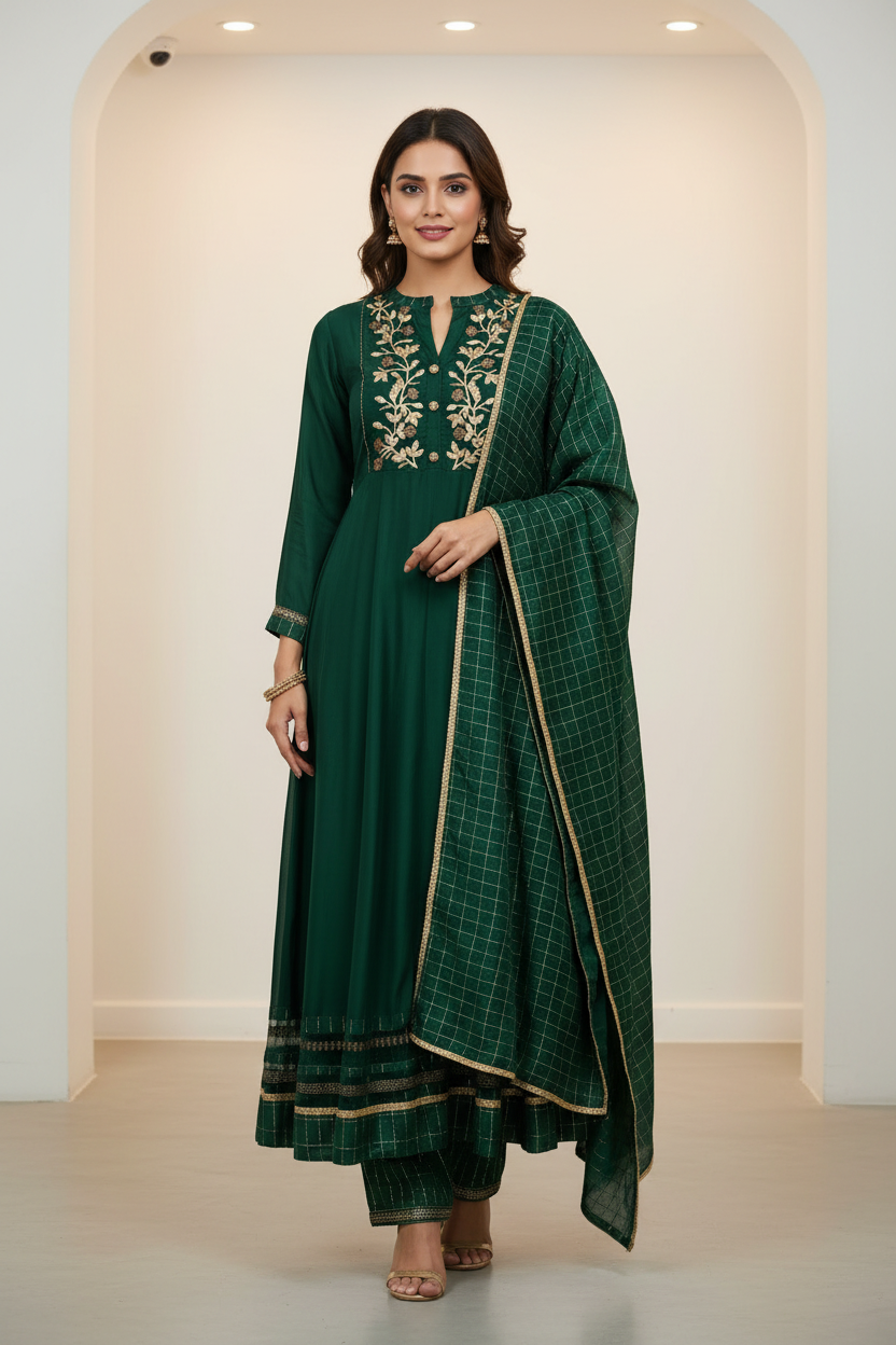 Women’s Green Churidar Elegant Ethnic Wear Kurti Set - Anandi Fashions