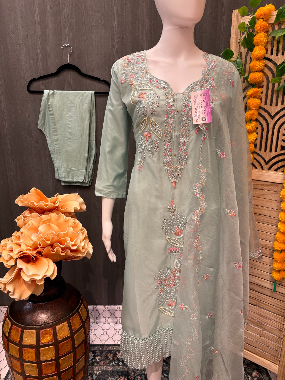 Sea Green Color -Party Wear Organza Kurti set image 0