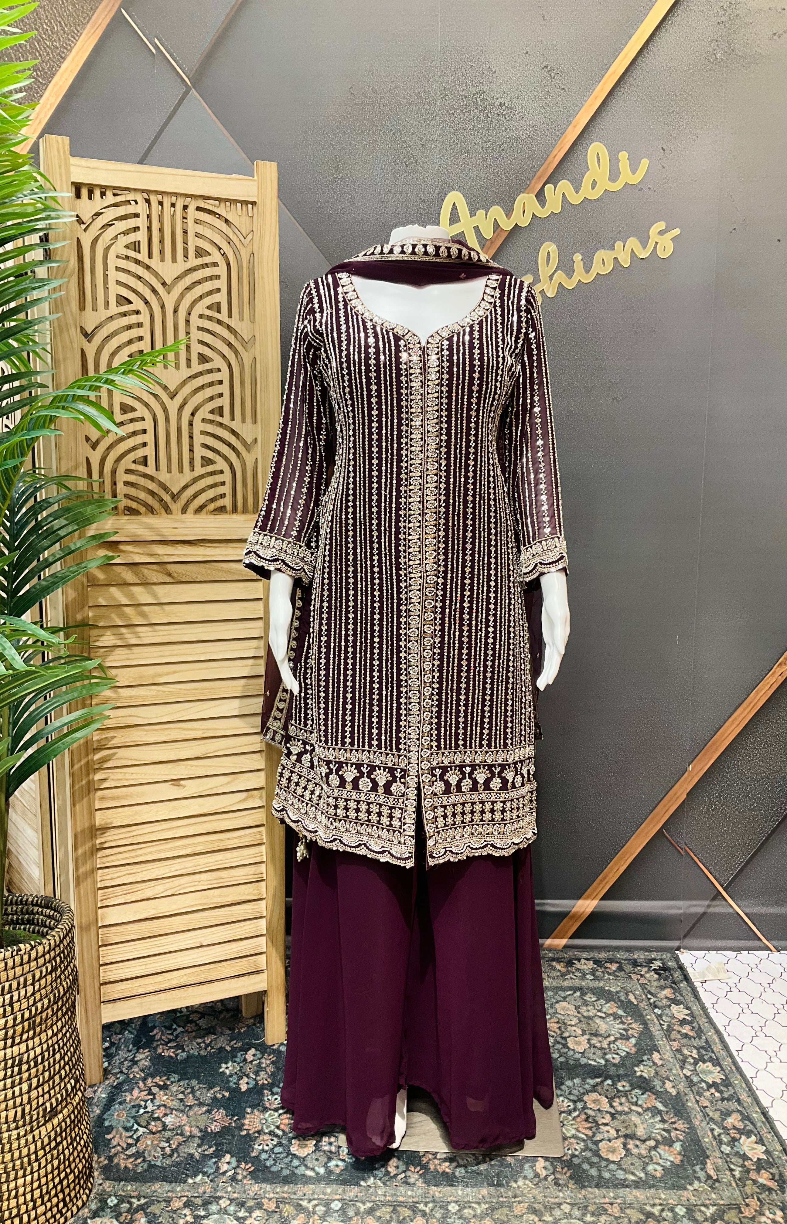 Size 38/Indian M - Party Wear Wine color -Georgette Palazzo/Sharara set