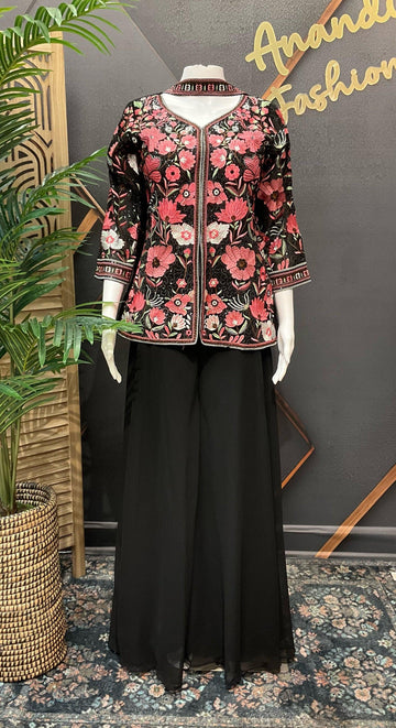 Black Georgette Sharara Set with Embroidery Work - Party Wear