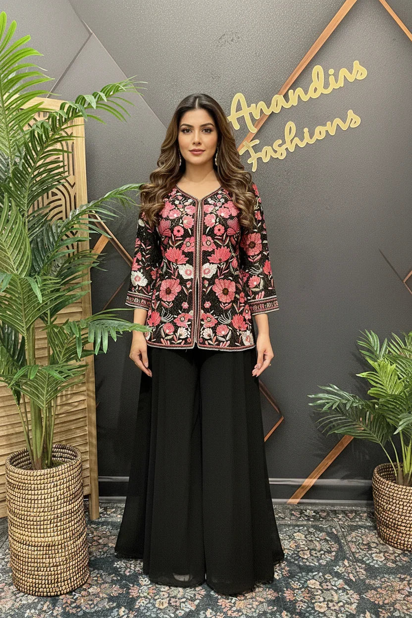 Black Georgette Sharara Set with Embroidery Work - Party Wear