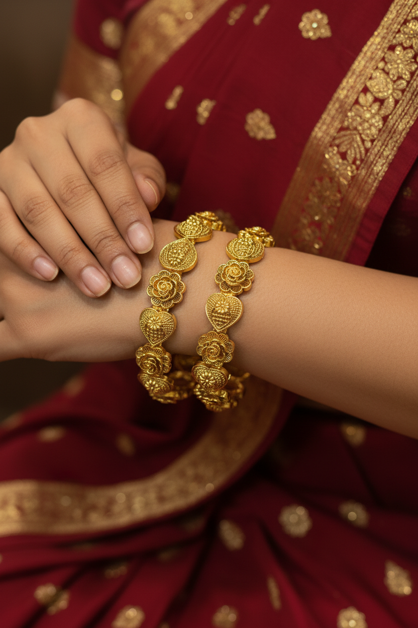 Close-up of a woman's hands wearing intricate gold jewelry bangles over a red saree with gold embroidery
