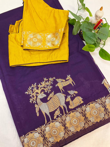 Semi Benarasi Saree with Contrast Stitched Blouse - Premium Quality